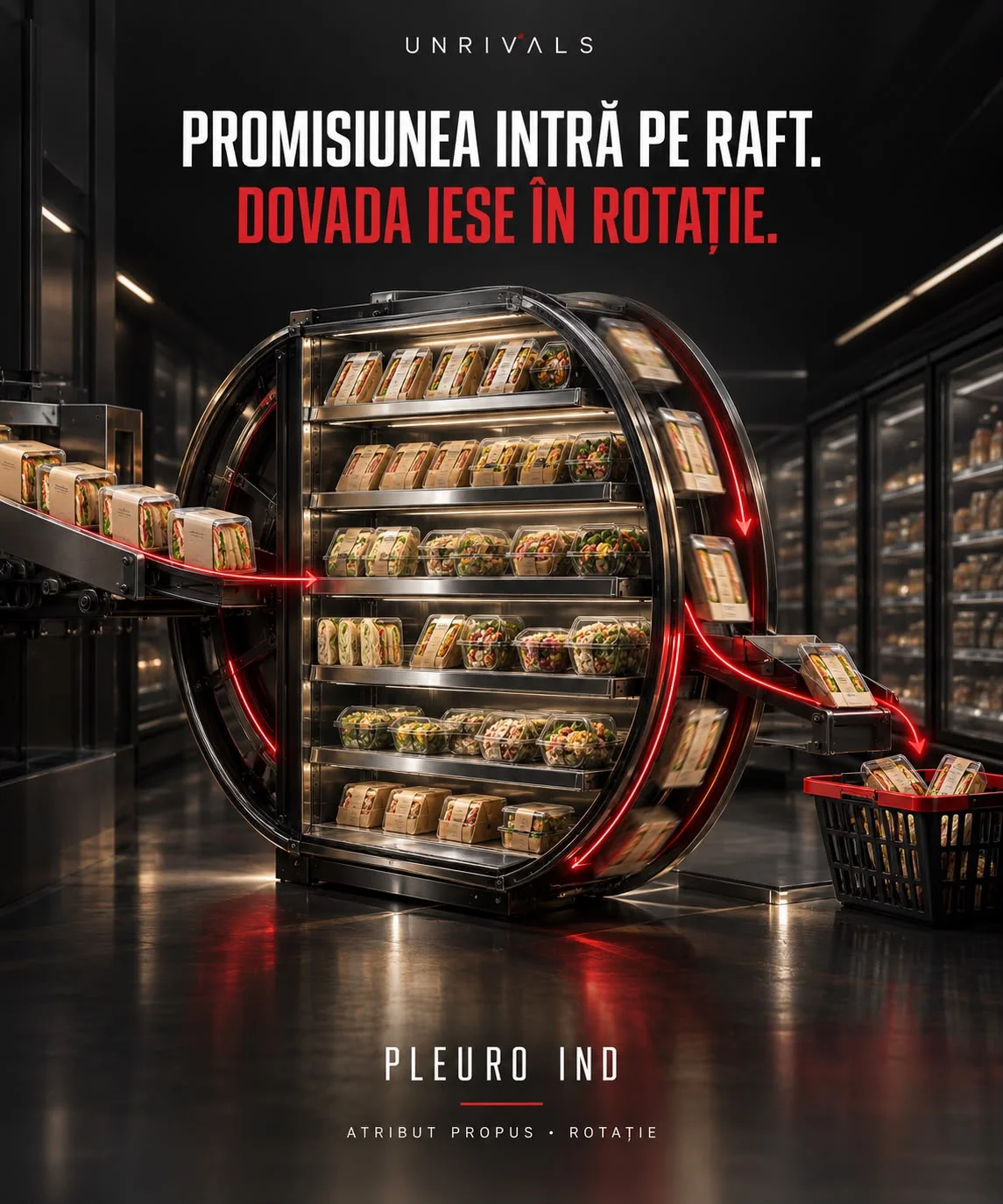 Planșă: un raft frigorific construit ca o roată, alimentat pe stânga de o bandă care aduce sandwich-uri ambalate și golit pe dreapta către coșul unui cumpărător, cu traseul marcat de săgeți roșii. Textul spune că promisiunea intră pe raft, iar dovada iese în rotație, cu eticheta Pleuro Ind, atribut propus rotație.
