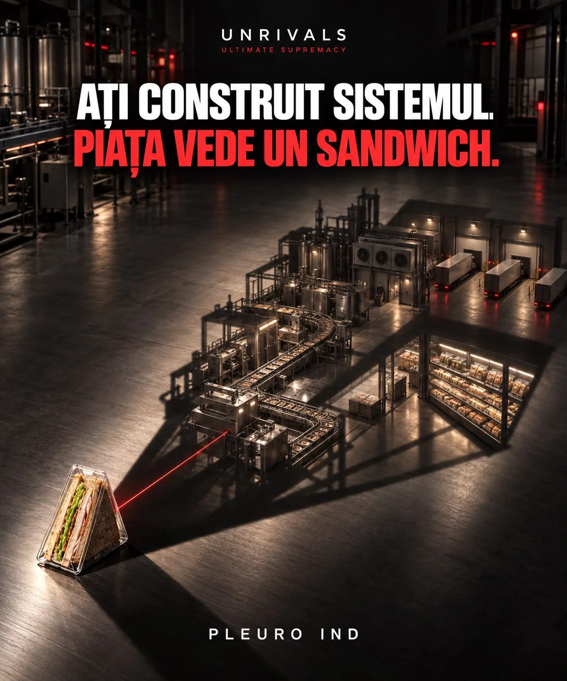 Planșă de deschidere: privită de sus, o hală întreagă cu linie de producție, utilaje, rampe de camioane și un raft frigorific plin, iar în prim-plan, singur pe podea, un sandwich triunghiular ambalat, legat de fabrică printr-o linie roșie subțire. Textul spune că ați construit sistemul, iar piața vede un sandwich.