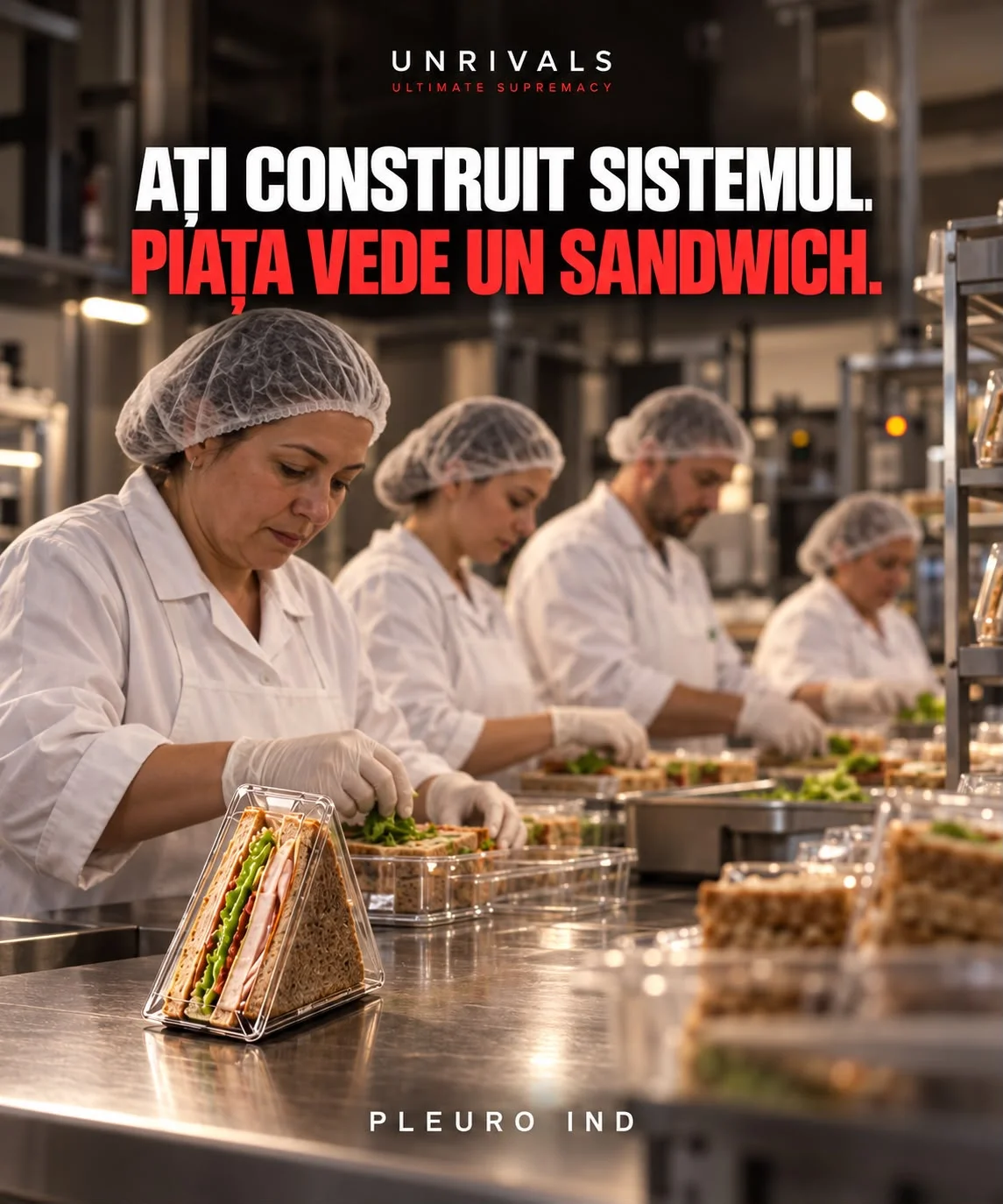 Planșă: patru oameni în halate albe și bonete, aliniați la o masă de inox, asamblează manual sandwich-uri, iar în prim-plan stă unul deja ambalat. Textul spune că ați construit sistemul, iar piața vede un sandwich.