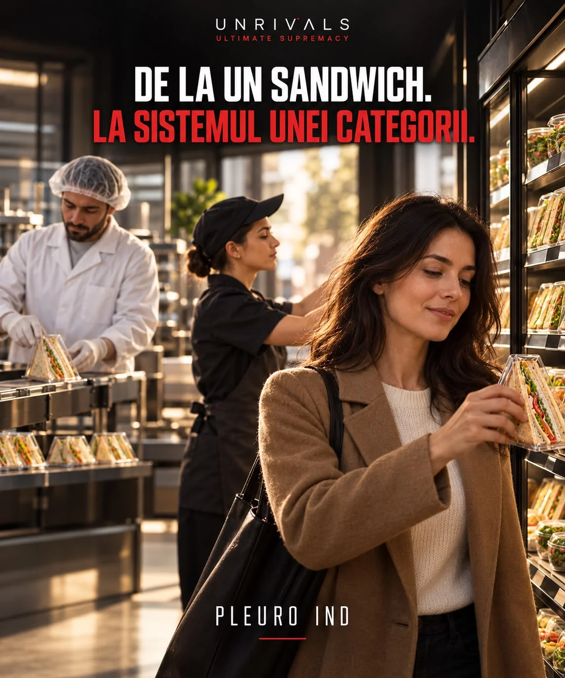 Planșă de final: în stânga, doi oameni în fabrică pregătesc sandwich-uri ambalate; în dreapta, în aceeași lumină, o femeie ia unul de pe raftul frigorific al unui magazin. Textul spune de la un sandwich, la sistemul unei categorii.