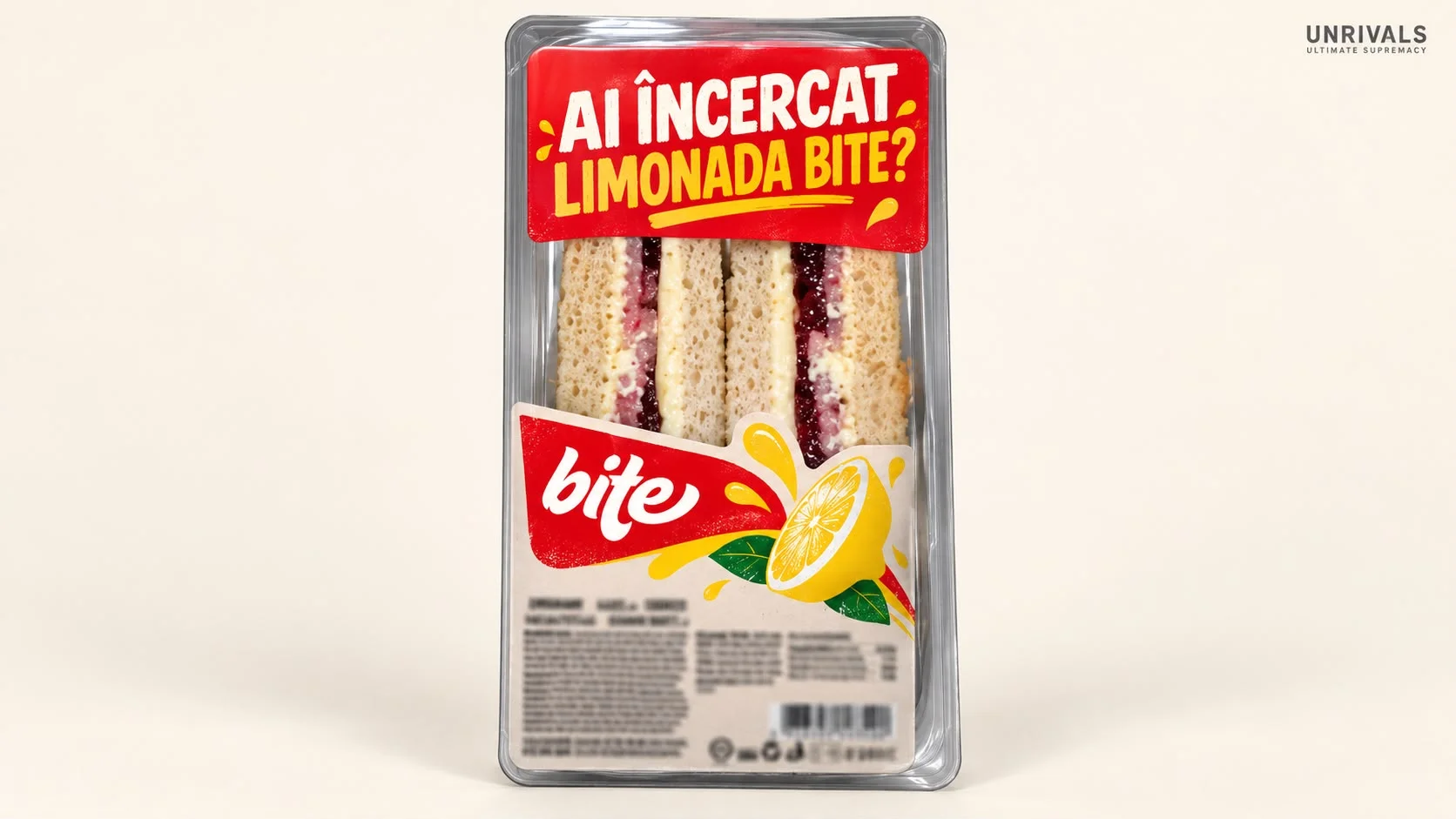 Planșă: un pachet transparent de sandwich-uri BITE, văzut din față, pe fundal crem. Sus, pe capacul roșu, întrebarea „Ai încercat limonada BITE?”. Jos, eticheta cu logoul bite și o lămâie tăiată.