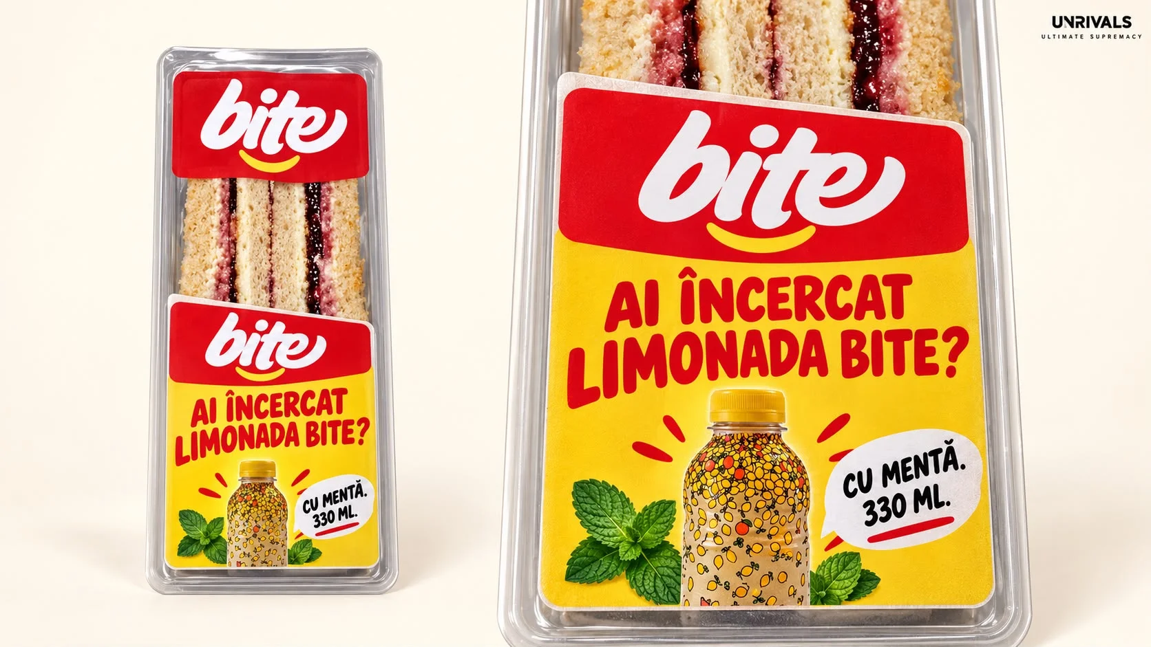 Planșă: două pachete de sandwich-uri BITE, unul întreg și unul mărit pe etichetă. Eticheta galbenă întreabă dacă ai încercat limonada BITE, cu sticla desenată între frunze de mentă și mențiunea cu mentă, 330 ml.