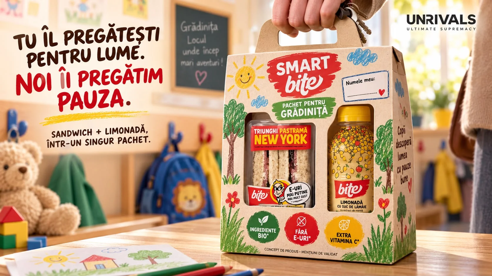 Planșă de concept: pe măsuța unei săli de grădiniță, o mână ridică de mâner o cutie de carton natur, desenată cu creioane colorate — soare, copaci, iarbă — pe care scrie SMART bite, pachet pentru grădiniță, cu un loc gol pentru numele copilului. Prin fereastra cutiei se văd un sandwich Triunghi Pastramă New York și o sticlă de limonadă bite cu suc de lămâie. Jos stau trei bulinele: ingrediente bio, fără E-uri, extra vitamina C, cu mențiunea concept de produs, mențiuni de validat. Textul spune că tu îl pregătești pentru lume, iar noi îi pregătim pauza: sandwich și limonadă, într-un singur pachet.