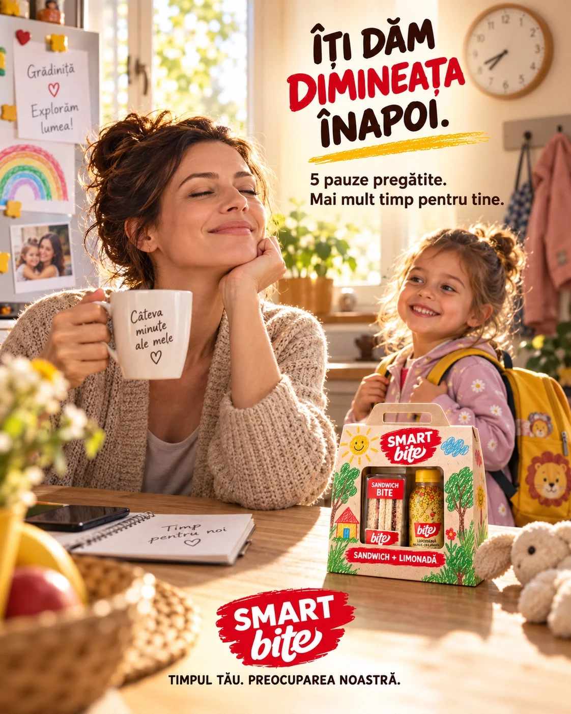 Planșă de concept, în format portret: o mamă își ține cana în mână, cu ochii închiși, iar lângă ea fetița cu ghiozdan în spate râde; pe masă stau pachetul SMART bite cu sandwich și limonadă și un carnet pe care scrie timp pentru noi. Textul spune că îți dăm dimineața înapoi, cu 5 pauze pregătite și mai mult timp pentru tine, sub semnătura SMART bite, timpul tău, preocuparea noastră.