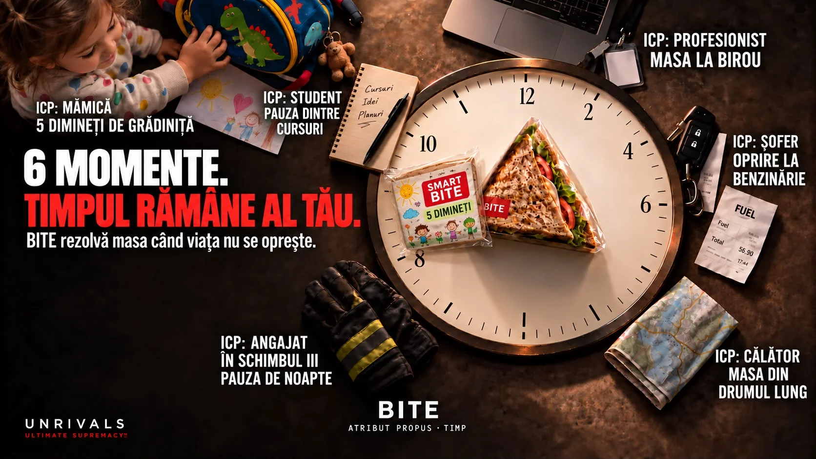 Planșă: pe un ceas de perete așezat orizontal stau un sandwich triunghiular bite și un pachet SMART bite cu eticheta 5 dimineți, iar în jurul lor șase situații de consum, fiecare cu eticheta ei: mămică, cinci dimineți de grădiniță; student, pauza dintre cursuri; profesionist, masa la birou; șofer, oprire la benzinărie; angajat în schimbul III, pauza de noapte; călător, masa din drumul lung. Textul spune că sunt 6 momente și că timpul rămâne al tău, fiindcă BITE rezolvă masa când viața nu se oprește, sub eticheta BITE, atribut propus timp.