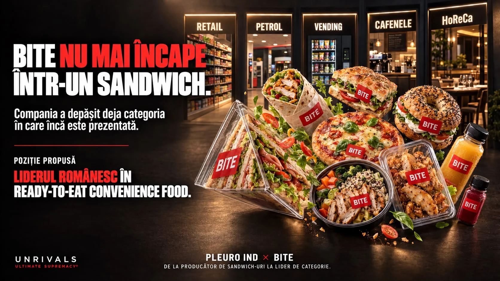 Planșă de deschidere: pe un fundal întunecat stau alăturate cinci firme luminate, RETAIL, PETROL, VENDING, CAFENELE și HoReCa, iar în fața lor plutește gama BITE ieșită din sandwich: wrap, bagel, pizza, bol de salată, bol de pui, sandwich triunghiular la pungă și două sticle. Textul spune că BITE nu mai încape într-un sandwich, fiindcă această companie a depășit deja categoria în care încă este prezentată, iar poziția propusă este liderul românesc în ready-to-eat convenience food. Jos, semnătura Pleuro Ind × BITE, de la producător de sandwich-uri la lider de categorie.