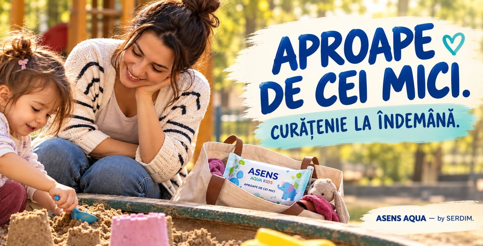 Planșă de deschidere Asens Aqua Kids: o mamă zâmbește lângă fetița care se joacă în nisipul unui loc de joacă, iar din geanta de pânză de lângă ele se vede un pachet de șervețele umede ASENS AQUA KIDS, Aproape de cei mici. Titlul: APROAPE DE CEI MICI. CURĂȚENIE LA ÎNDEMÂNĂ. Semnătura: ASENS AQUA by SERDIM.