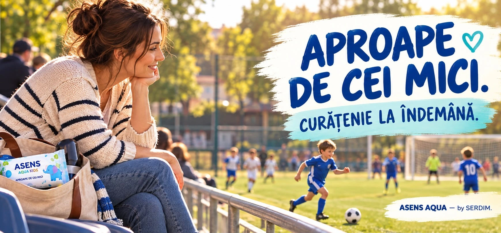 Planșă de final Asens Aqua Kids: o mamă privește din tribună un meci de fotbal al copiilor, iar din geanta de lângă ea se vede un pachet de șervețele umede ASENS AQUA KIDS, Aproape de cei mici. Titlul: APROAPE DE CEI MICI. CURĂȚENIE LA ÎNDEMÂNĂ. Semnătura: ASENS AQUA by SERDIM.