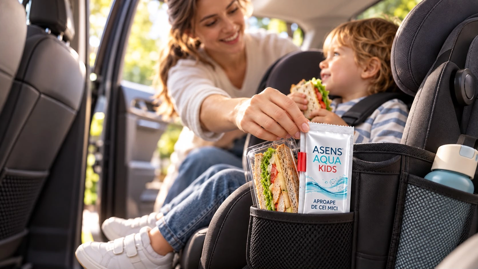 Concept Asens Aqua Kids: o mamă scoate un plic de șervețele umede ASENS AQUA KIDS, Aproape de cei mici, din buzunarul scaunului auto, lângă caserola cu sandviș a copilului care mănâncă în scaunul lui.