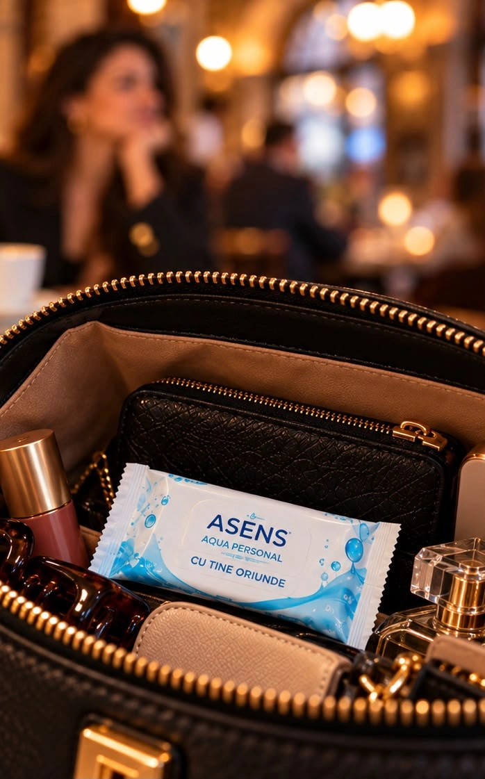 Concept Asens Aqua Personal: un pachet de șervețele umede ASENS AQUA PERSONAL, Cu tine oriunde, într-o geantă de damă deschisă, între portofel, ruj și parfum, într-o cafenea.