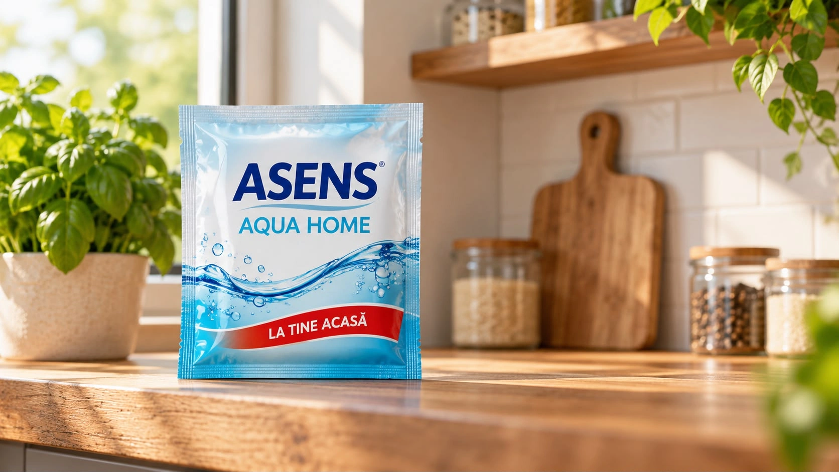 Concept Asens Aqua Home: un pachet de șervețele umede ASENS AQUA HOME, La tine acasă, pe blatul de lemn al unei bucătării luminoase, lângă busuioc și borcane.