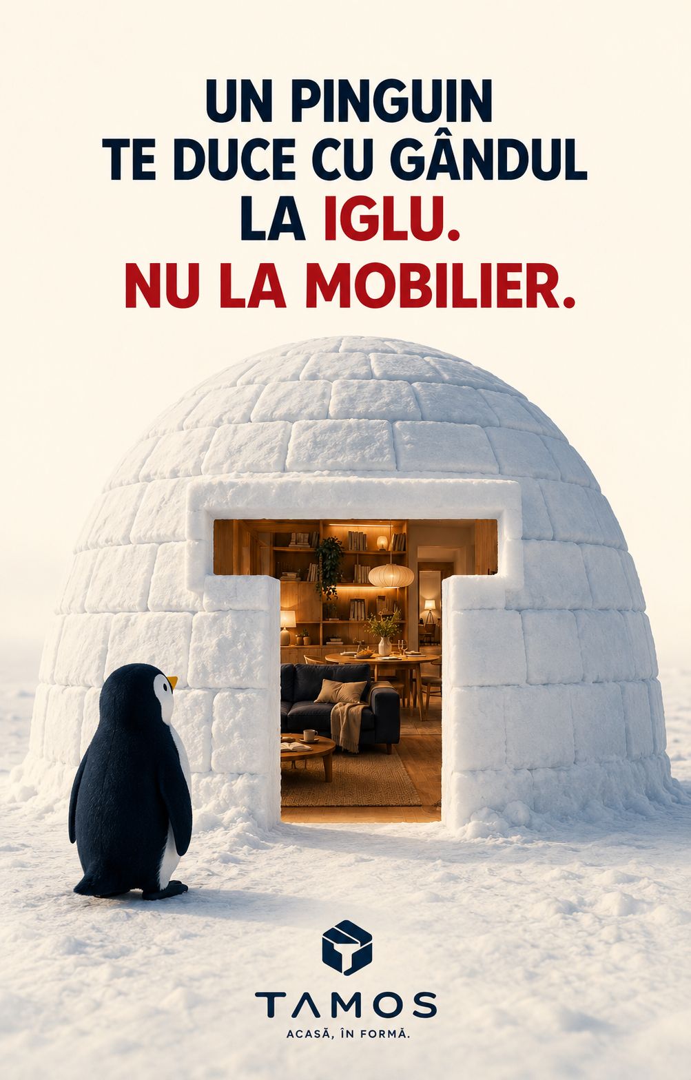 Concept TAMOS: pinguin lângă un iglu cu ușa în formă de T, interior mobilat TAMOS