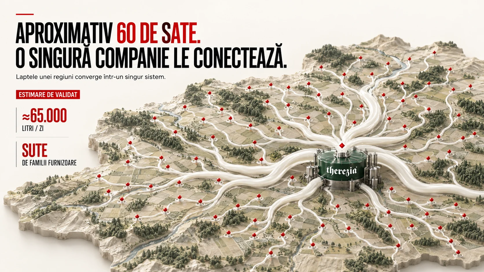 Planșă concept Therezia: o hartă în relief a unei regiuni deluroase, presărată cu zeci de puncte roșii care marchează satele, din care pornesc râuri de lapte ce converg către un singur rezervor verde cu logoul therezia, așezat în mijloc. Titlul spune „Aproximativ 60 de sate. O singură companie le conectează.”, cu subtitlul „Laptele unei regiuni converge într-un singur sistem.” În stânga, sub eticheta roșie „estimare de validat”, două cifre: aproximativ 65.000 de litri pe zi și sute de familii furnizoare.