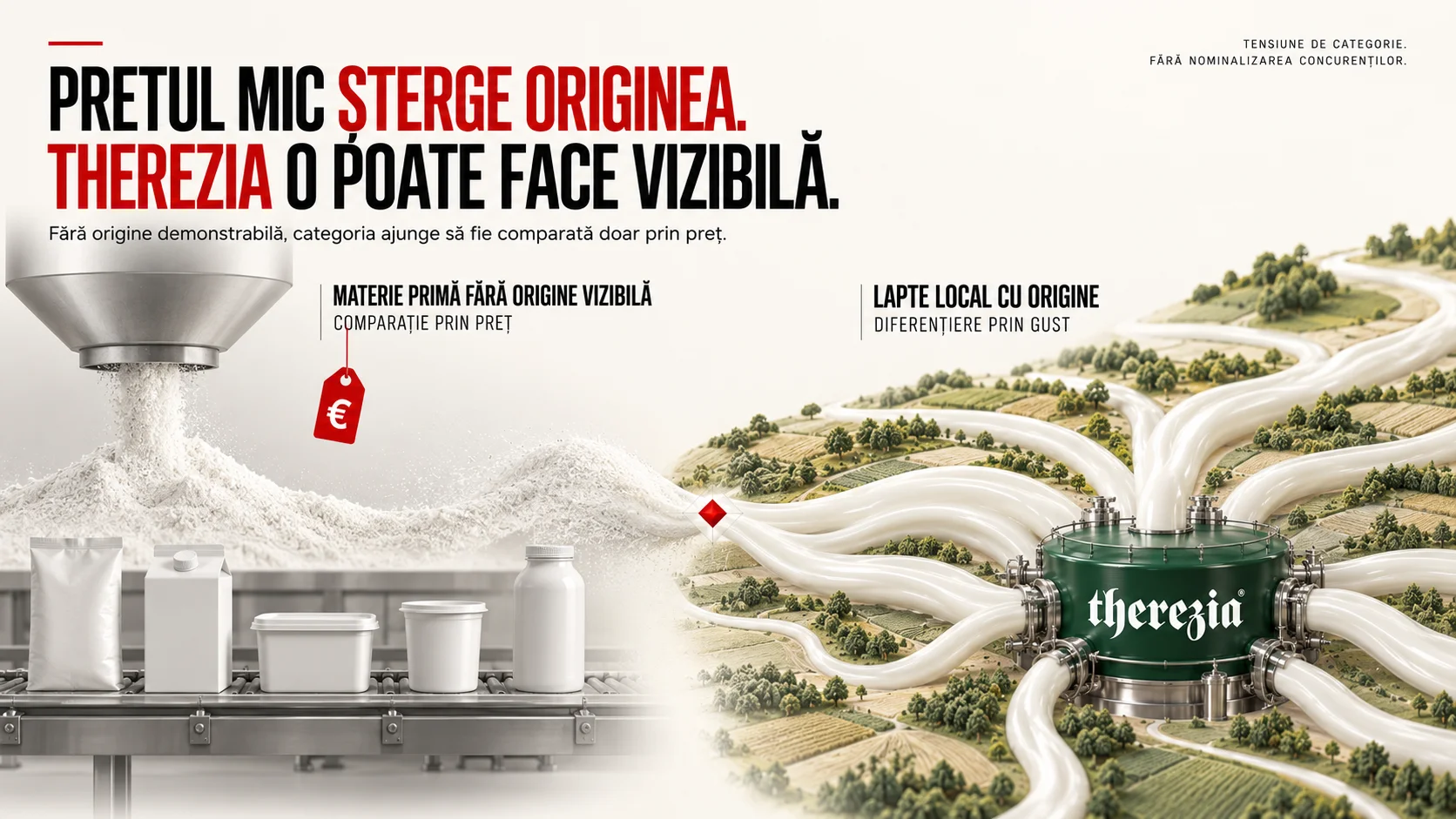 Planșă concept Therezia, comparație în două jumătăți: în stânga, materie primă sub formă de pulbere care cade dintr-o pâlnie industrială peste o bandă cu ambalaje albe fără marcă, însoțită de o etichetă roșie de preț și de textul „materie primă fără origine vizibilă, comparație prin preț”; în dreapta, râuri de lapte care curg peste câmpuri și dealuri către rezervorul therezia, cu textul „lapte local cu origine, diferențiere prin gust”. Titlul spune „Prețul mic șterge originea. Therezia o poate face vizibilă.” Colțul din dreapta sus precizează că este o tensiune de categorie, fără nominalizarea concurenților.