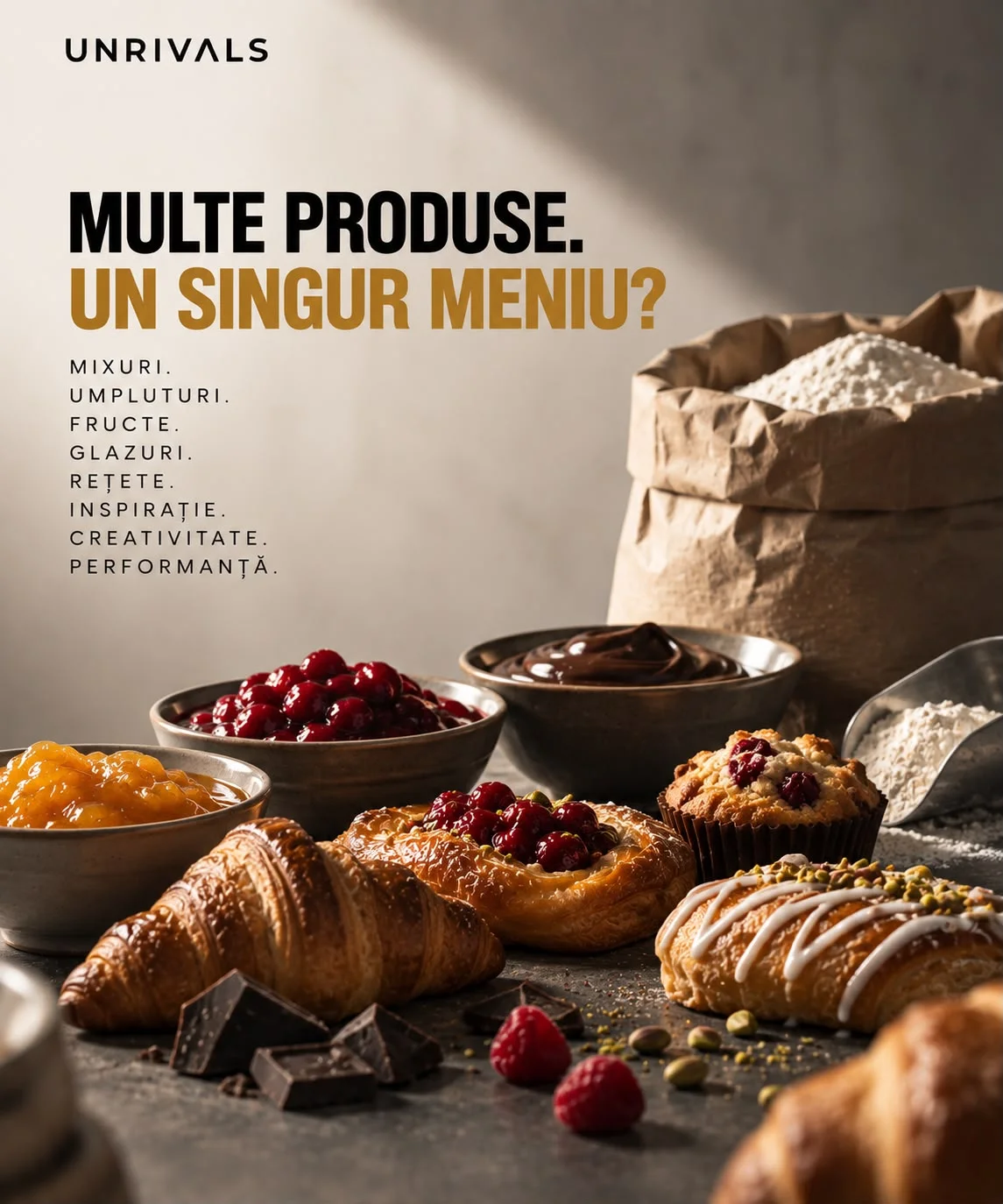 Planșă: o masă cu croasante, danish cu zmeură, brioșe, boluri de umplutură de vișine și ciocolată, un sac de făină. Textul întreabă dacă multe produse înseamnă un singur meniu, sub el lista mixuri, umpluturi, fructe, glazuri, rețete, inspirație, creativitate, performanță.