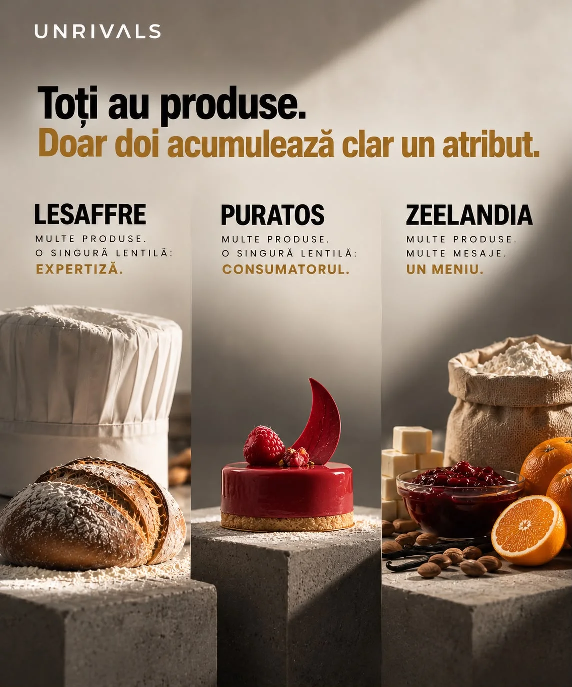 Planșă cu trei coloane pe socluri de beton: Lesaffre cu o pâine, multe produse sub o singură lentilă, expertiza; Puratos cu un tort roșu glazurat, multe produse sub o singură lentilă, consumatorul; Zeelandia cu ingrediente și un sac de făină, multe produse, multe mesaje, un meniu. Titlul spune că toți au produse, dar doar doi acumulează clar un atribut.