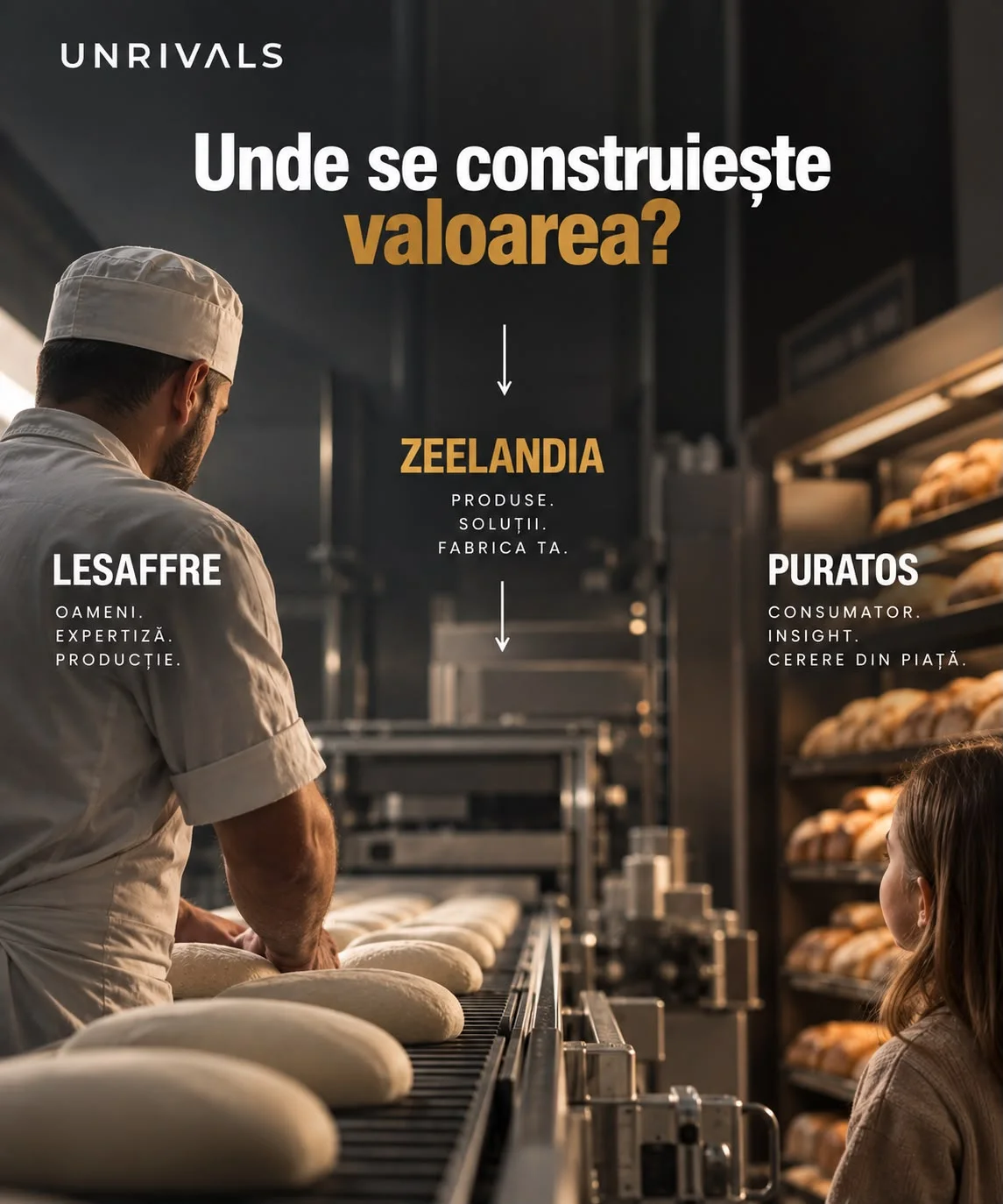 Planșă cu lanțul B2B2C peste o linie de producție: în stânga Lesaffre cu oameni, expertiză, producție; la mijloc Zeelandia cu produse, soluții, fabrica ta; în dreapta Puratos cu consumator, insight, cerere din piață. Săgețile coboară prin mijloc, iar întrebarea din titlu este unde se construiește valoarea.