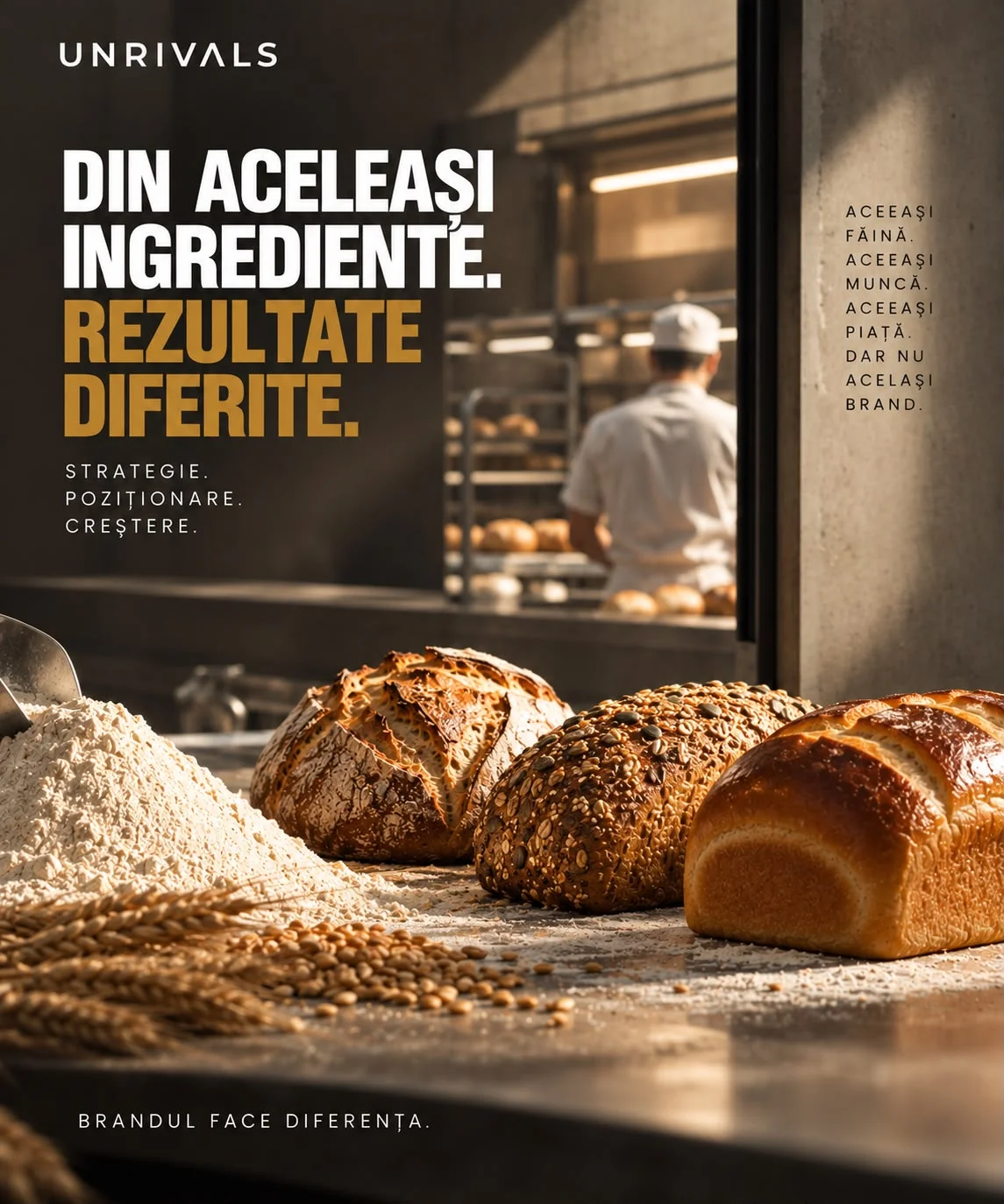 Planșă de deschidere: în prim-plan un morman de făină și trei pâini diferite, în fundal un brutar la raft. Textul spune că din aceleași ingrediente ies rezultate diferite, fiindcă aceeași făină, aceeași muncă și aceeași piață nu înseamnă și același brand.