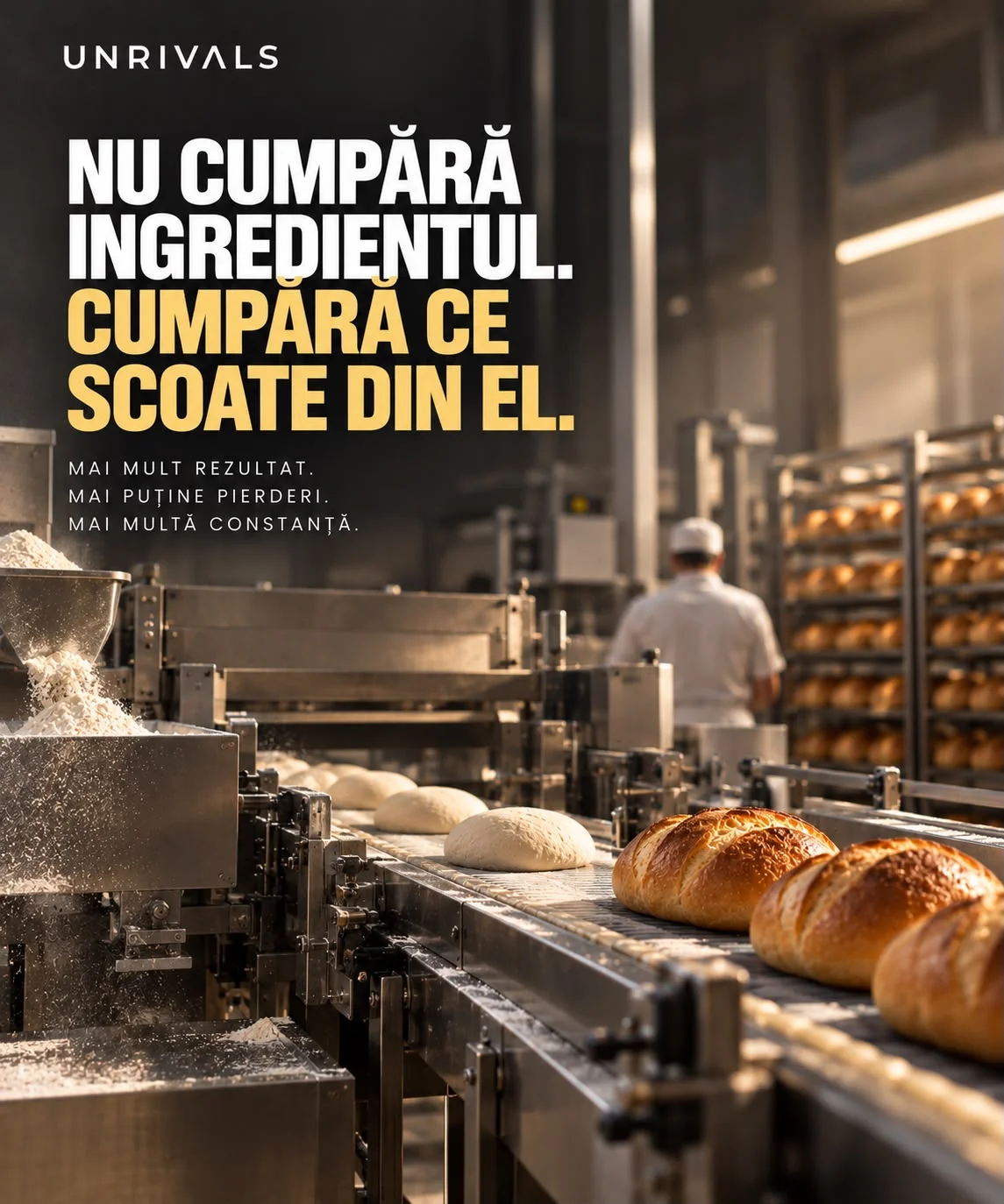 Planșă: o linie industrială de brutărie, cu aluat pe bandă și pâini coapte, un operator în fundal. Textul spune că nu se cumpără ingredientul, ci ce scoate clientul din el, sub el mai mult rezultat, mai puține pierderi, mai multă constanță.