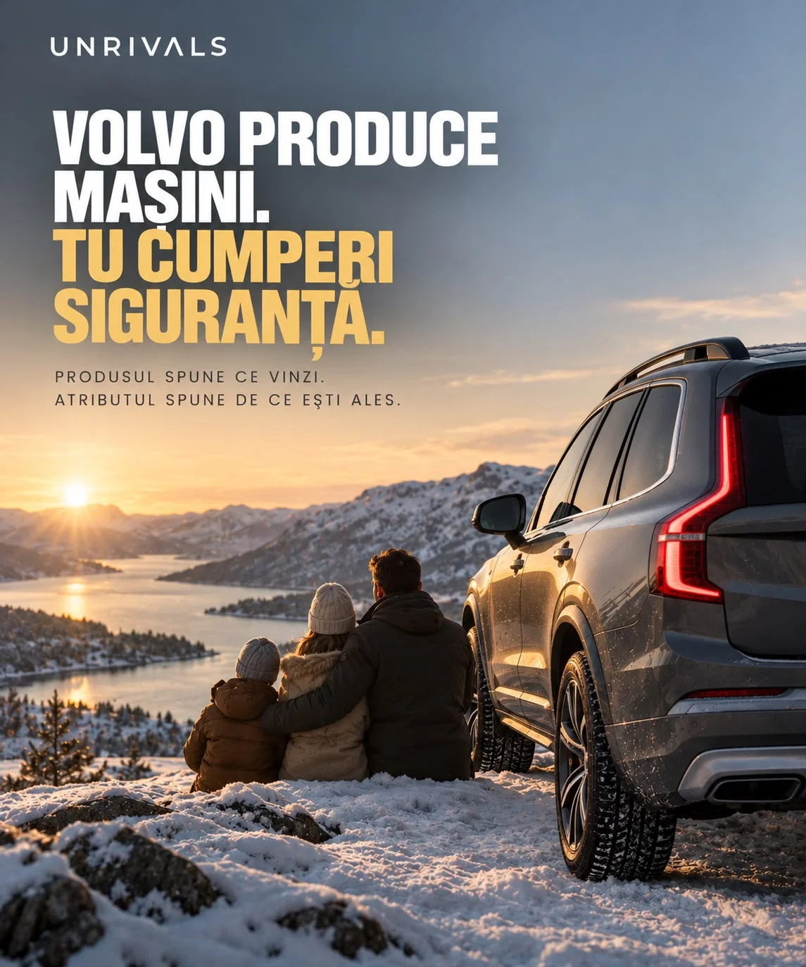 Planșă: o familie stă pe zăpadă lângă un SUV Volvo, privind un fiord la apus. Textul spune că Volvo produce mașini, iar cumpărătorul cumpără siguranța, fiindcă produsul spune ce vinzi, iar atributul spune de ce ești ales.
