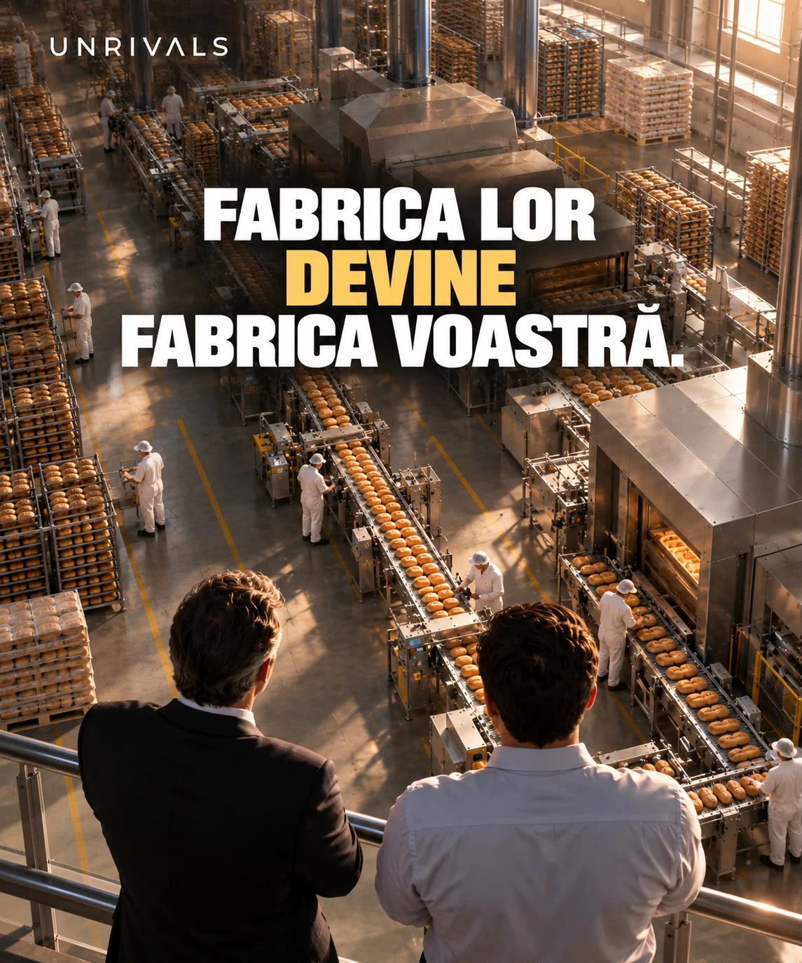 Planșă: vedere de sus asupra unei fabrici de panificație, cu benzi de produse și operatori în alb. În prim-plan, din spate, un om în costum și un om în cămașă privesc linia. Textul spune că fabrica lor devine fabrica voastră.