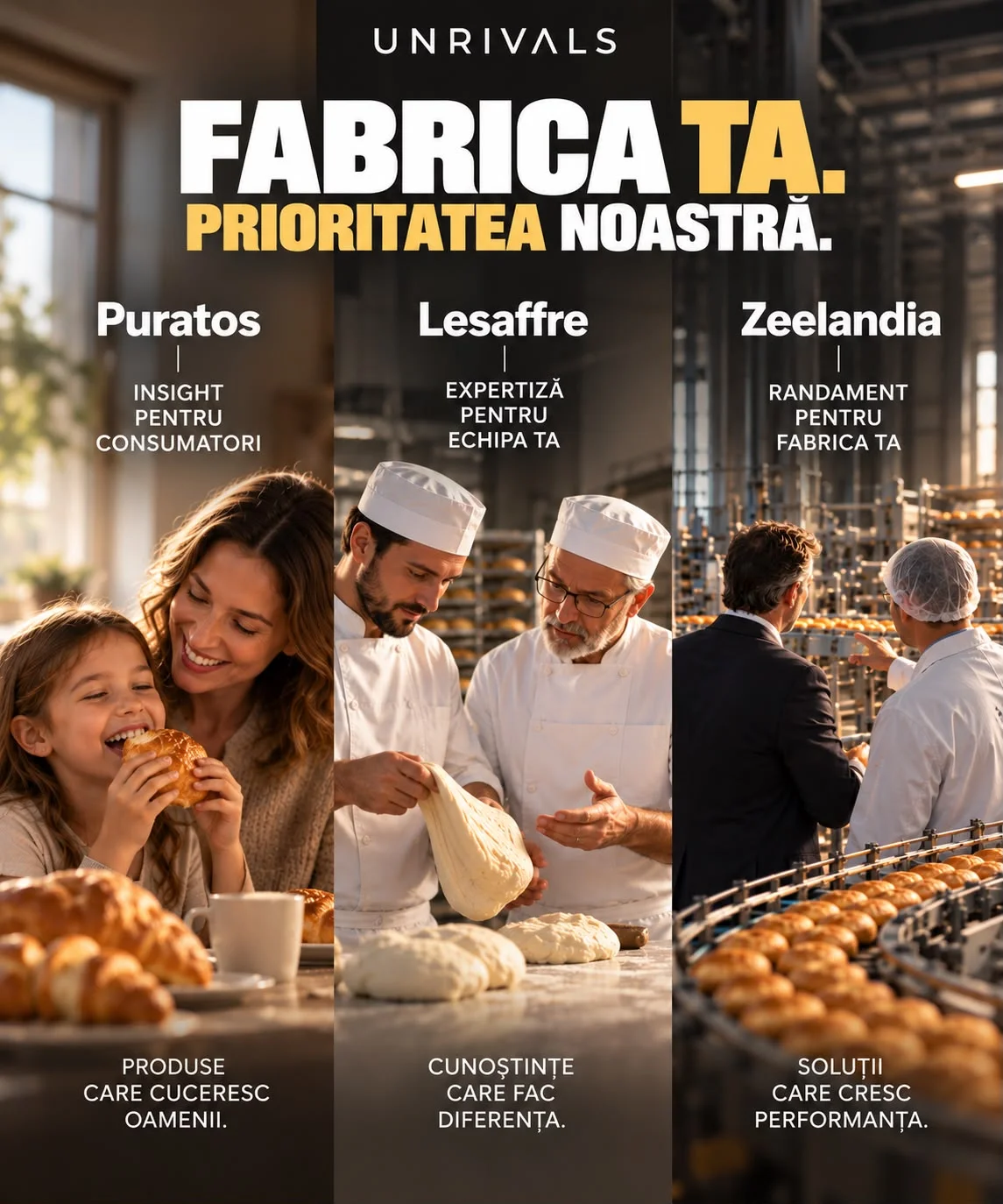 Planșă cu trei panouri: Puratos, insight pentru consumatori, cu o mamă și o fetiță mâncând un croasant; Lesaffre, expertiză pentru echipa ta, cu doi brutari lucrând aluatul; Zeelandia, randament pentru fabrica ta, cu un director și un inginer privind linia de producție. Titlul spune fabrica ta, prioritatea noastră.