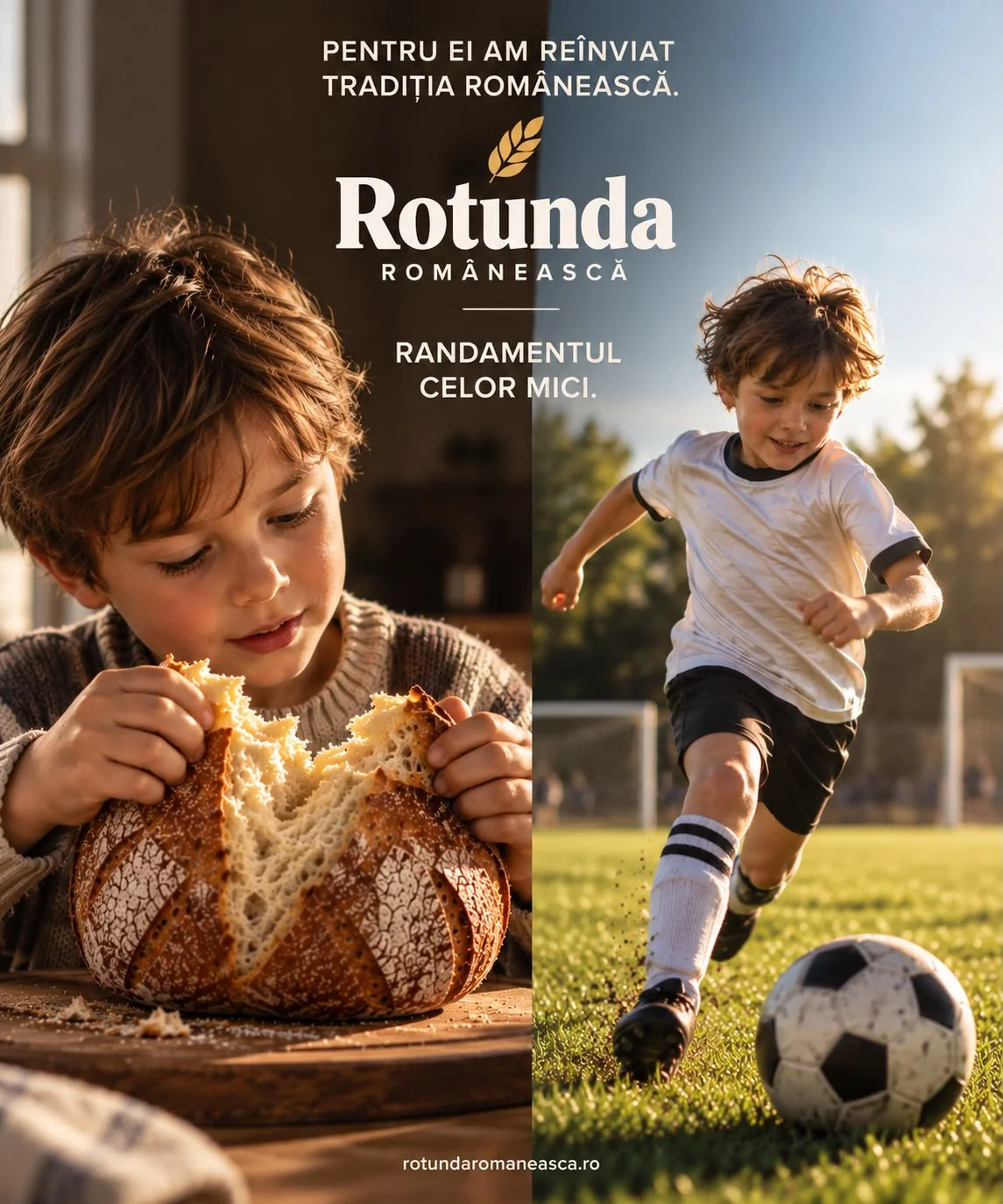 Mostră de campanie pentru marca Rotunda Românească: în stânga un copil rupe o pâine rotundă, în dreapta un copil aleargă după o minge pe teren de fotbal. Textul spune că pentru ei a fost reînviată tradiția românească, sub logo linia randamentul celor mici.
