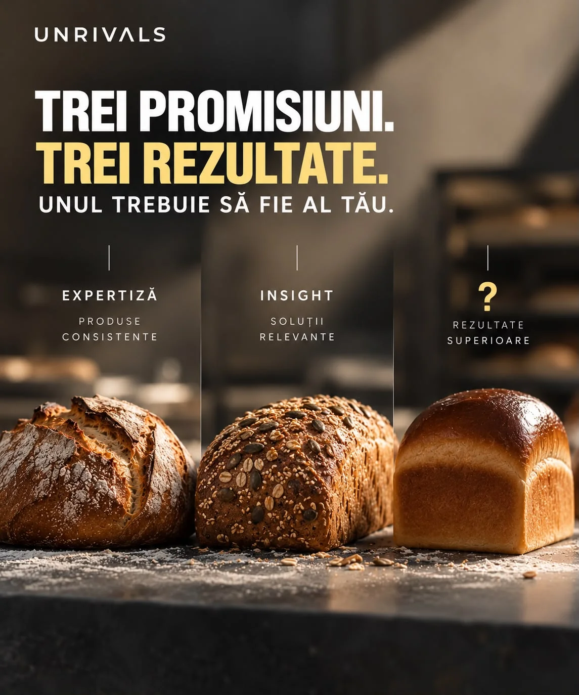 Planșă de deschidere: trei pâini diferite pe o masă de brutărie, fiecare sub o coloană. Prima coloană spune expertiză, produse consistente; a doua insight, soluții relevante; a treia poartă un semn de întrebare, rezultate superioare. Titlul spune trei promisiuni, trei rezultate, unul trebuie să fie al tău.